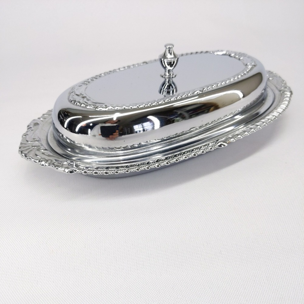 vtg Danny Wilson Original Butter Dish Chrome Plated Glass‎ Liner Repousse Lid